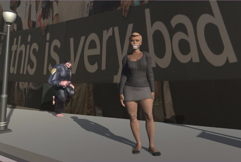 black female character with a police officer running behind her, in the background an image with protesters holding up a banner that says "this is very bad"